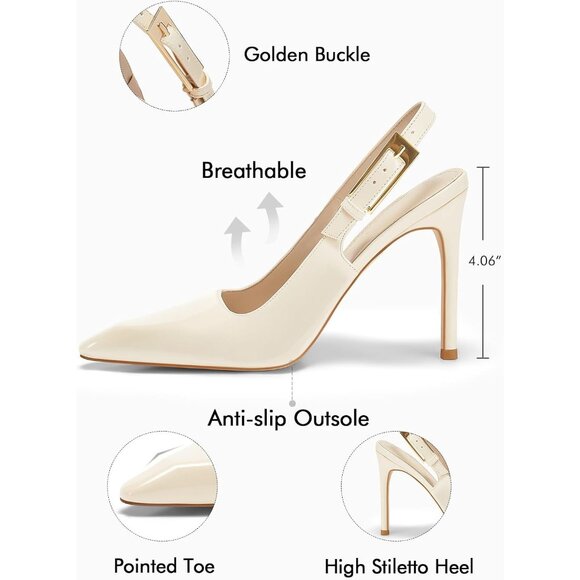 ⚡Women's White Slingback High Heels Pointed Toe Stilettos Metal Buckle - Picture 5 of 5